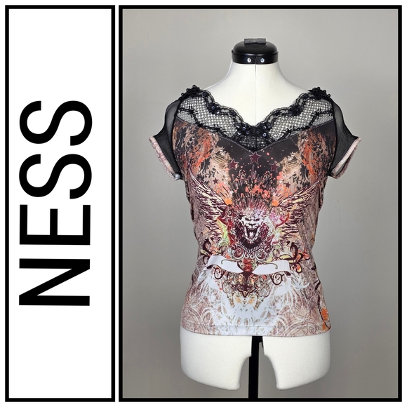 NESS Tops - NESS Embellished Graphic Top – Gothic lion Print with Mesh & Sequins – Size S